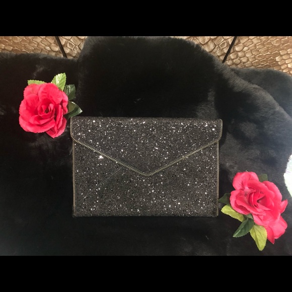 NWT! Rebecca Minkoff  Black Sparkly Envelope Clutch with Gunmetal Hardware - Picture 4 of 16